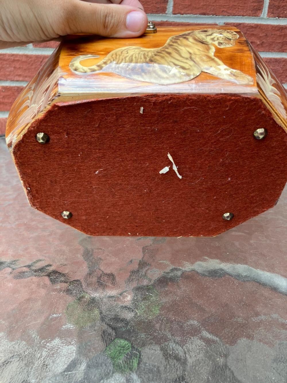 Vtg Anton Pieck Octagon Purse w Lucite Handle MCM Wooden Decoupage Handbag Tiger - Picture 10 of 11